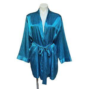 Victoria's Secret Vintage Y2K 90s Satin Robe Cheetah Print Electric Blue One Siz